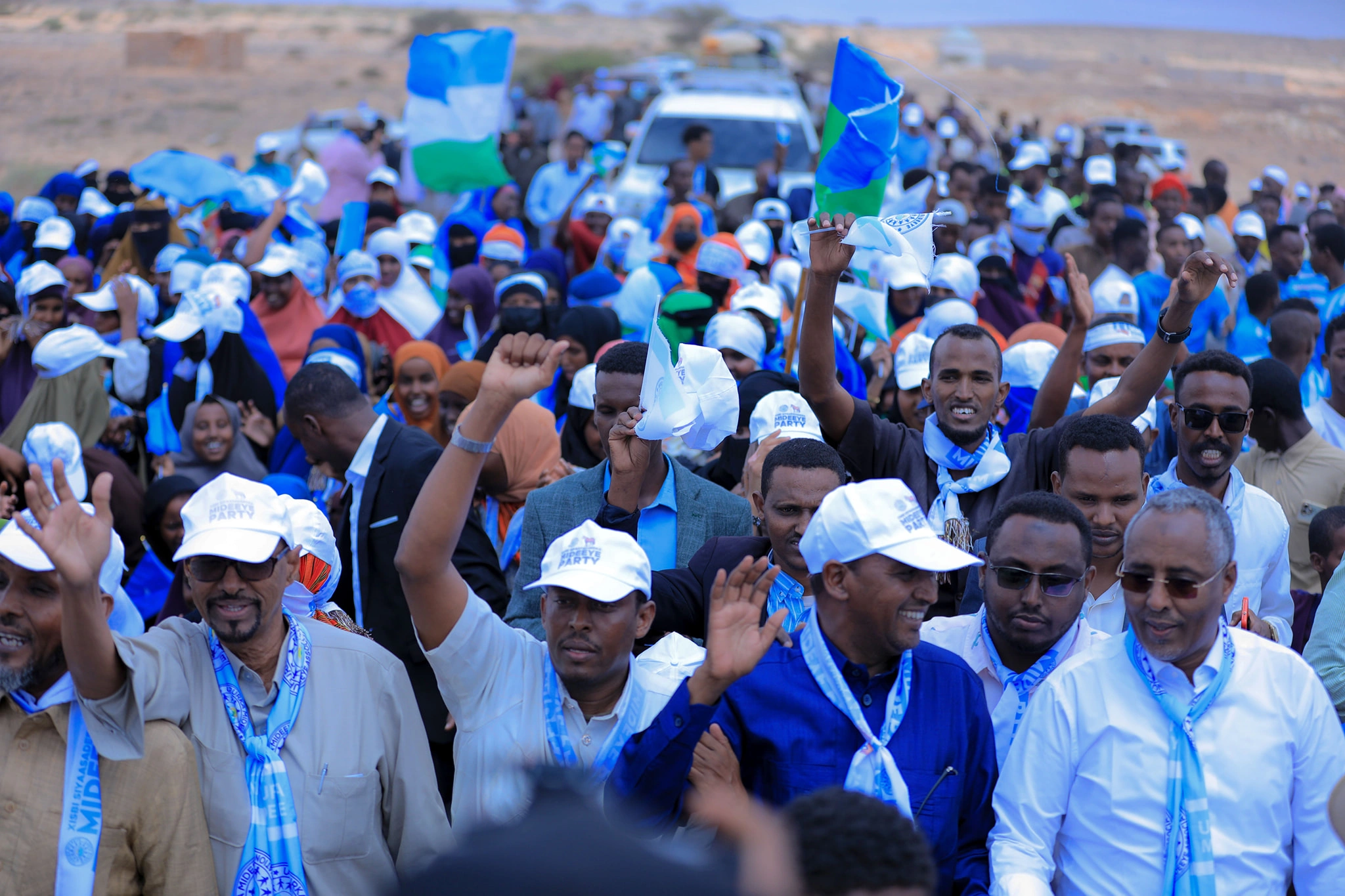 Mideeye supporters gathered with flags during a Puntland public event
